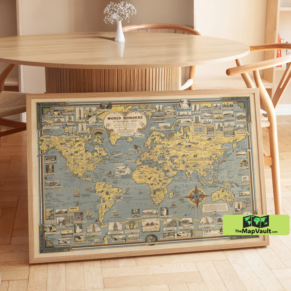 World Wonders Pictorial Map Print – Vintage Illustrated World Map Poster
