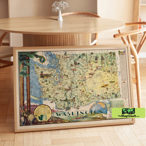 Washington State Pictorial Map Print – Vintage Washington Map Wall Art, Historic Evergreen State Poster, Antique Pacific Northwest Cartography