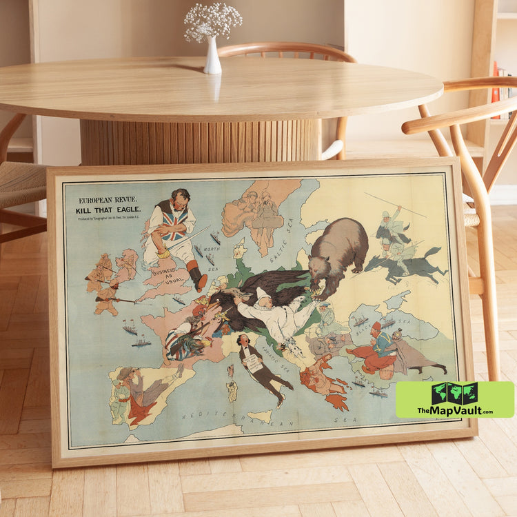 World War I Propaganda Map of Europe - Vintage Satirical Cartoon Map - Historical WWI Military Art Print