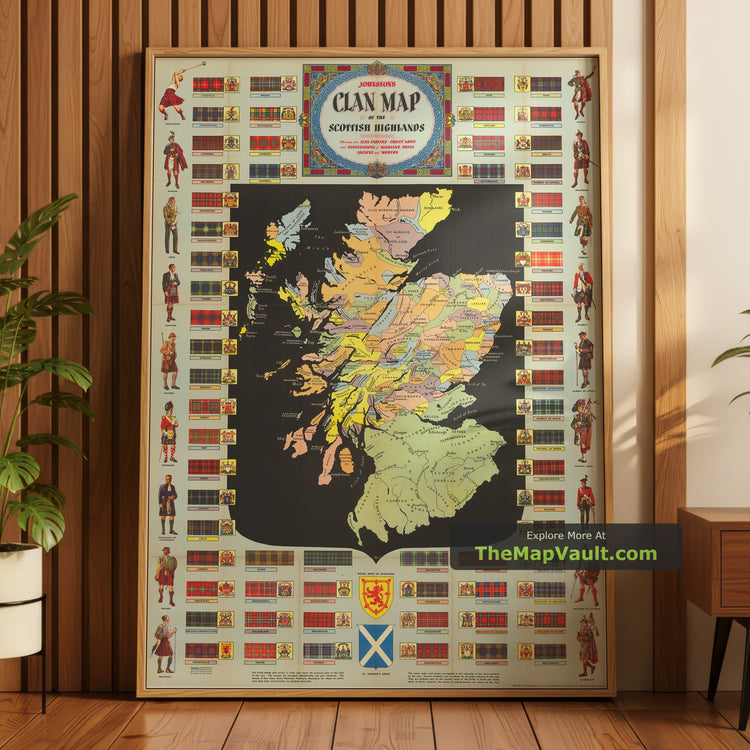 Scotland Clans & Tartans Chart – Johnston's Highlands & Lowlands Map - unframed print in a room setting, view 1