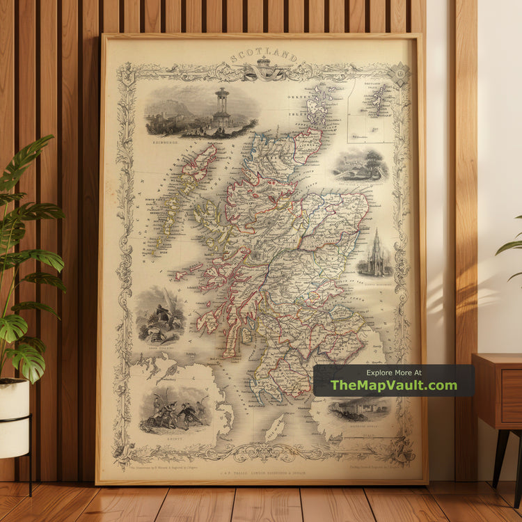 Old Map of Scotland 1851 by J. Tallis - Highlands, Hebrides, Loch Ness - unframed print in a room setting, view 1