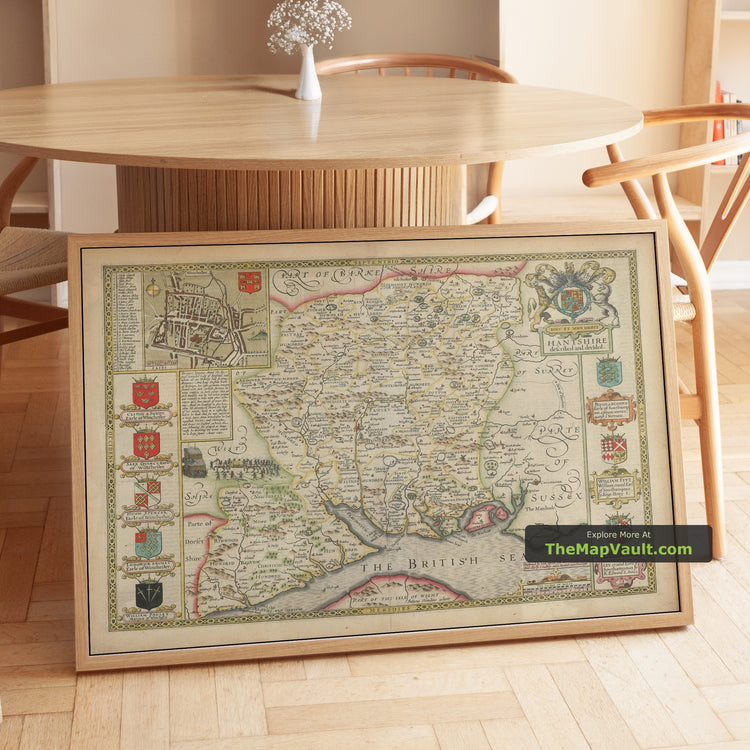 Old Map of Hampshire 1611 by John Speed - Winchester, Portsmouth, Southampton - unframed print in a room setting, view 1
