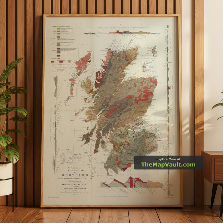 Old Geology Map of Scotland 1862 by Roderick Murchison - Skye, Highlands, Orkney - unframed print in a room setting, view 1