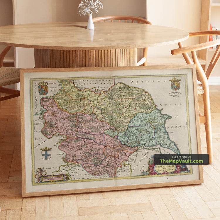 Old Map of Yorkshire 1654 by Joan Blaeu - York, Bradford, Sheffield, Leeds, Harrogate - unframed print in a room setting, view 1