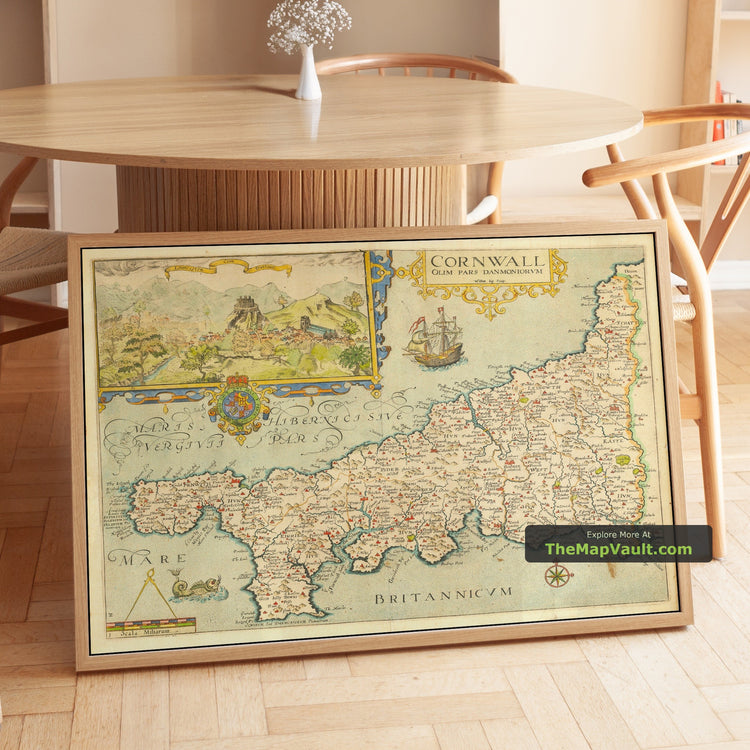 Old Map of Cornwall 1576 by Christopher Saxton - Penzance, St Ives, Plymouth, Lands End, Padstow - unframed print in a room setting, view 1