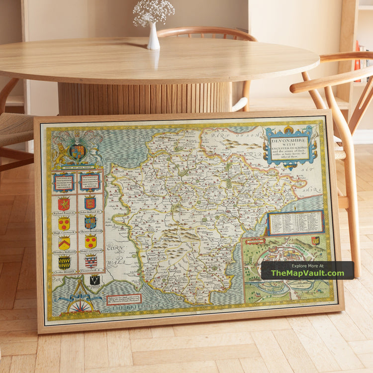 Old Map of Devon 1611 by John Speed - Plymouth, Exeter, Torquay, Paignton - unframed print in a room setting, view 1