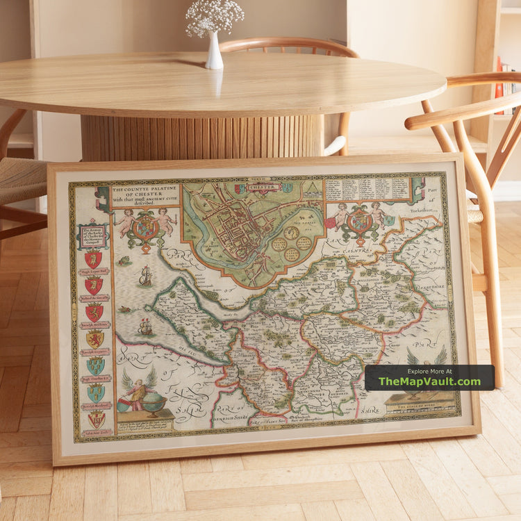 Old Map of Cheshire 1611 by John Speed - Chester, Warrington, Crewe, Liverpool, Wirral - unframed print in a room setting, view 1