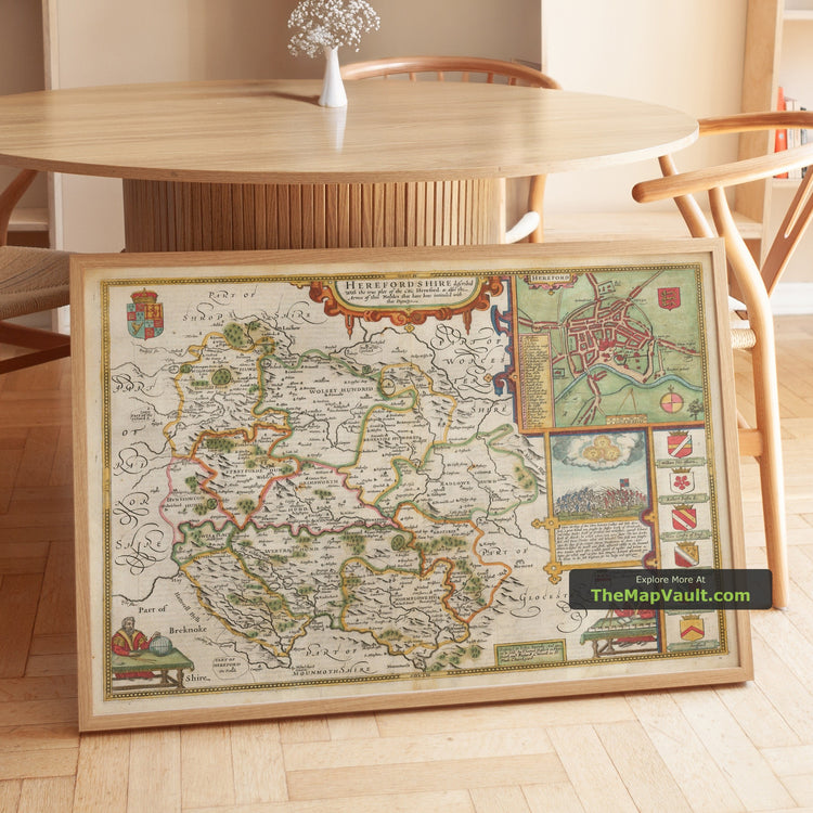 Old Map of Herefordshire in 1611 by John Speed - Hereford, Leominster, Ross-on-Wye, Ledbury - unframed print in a room setting, view 1