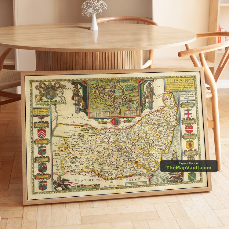 Old Map of Suffolk in 1611 by John Speed - Ipswich, Lowestoft, Bury St Edmunds - unframed print in a room setting, view 1