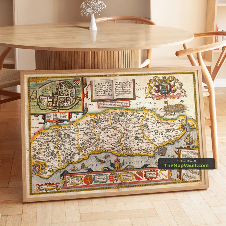 Old Map of Sussex in 1611 by John Speed - Brighton, Worthing, Eastbourne, Bognor - unframed print in a room setting, view 1