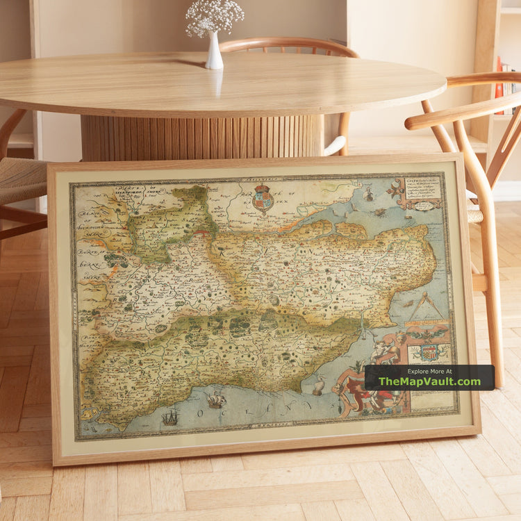 Old Map of Kent, Sussex, Surrey and Middlesex in 1575 by Christopher Saxton - Canterbury, Tunbridge, Guildford, Croydon - unframed print in a room setting, view 1