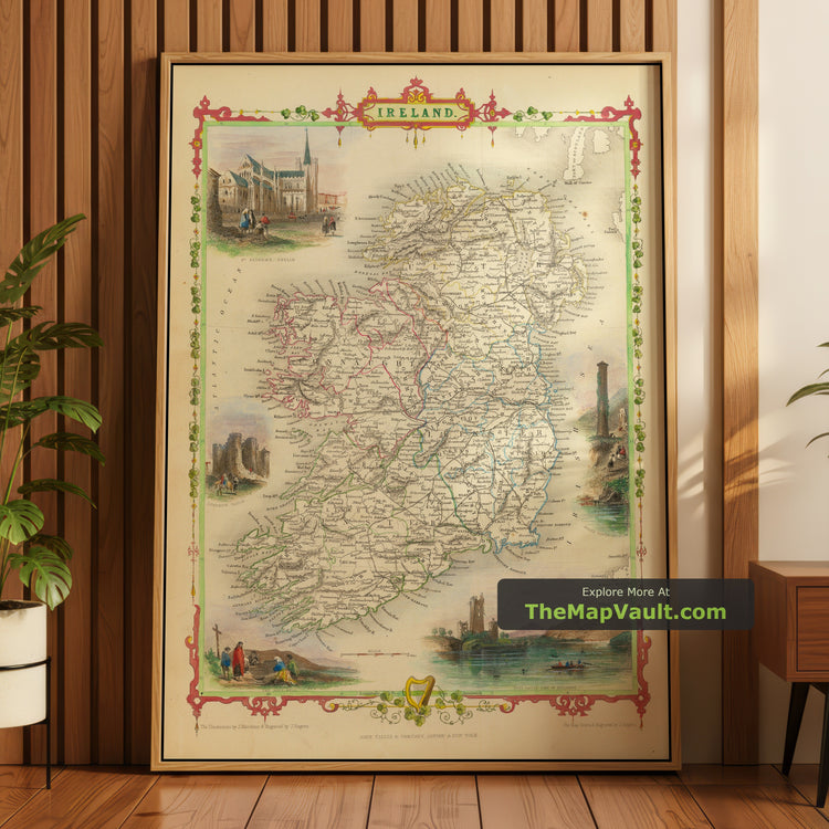 Old Map of Ireland in 1851 by Tallis and Rapkin - Dublin, Cork, Belfast, Galway, Limerick - unframed print in a room setting, view 1