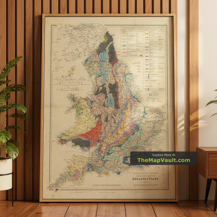 Old Geology and Railway Map of England and Wales in 1834 - Liverpool, Manchester, Birmingham, London - unframed print in a room setting, view 1