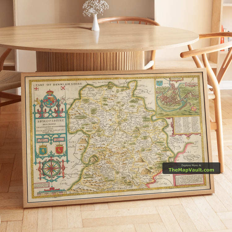 Old Map of Shropshire in 1611 by John Speed - Shrewsbury, Telford, Bridgnorth, Oswestry, Ludlow - unframed print in a room setting, view 1