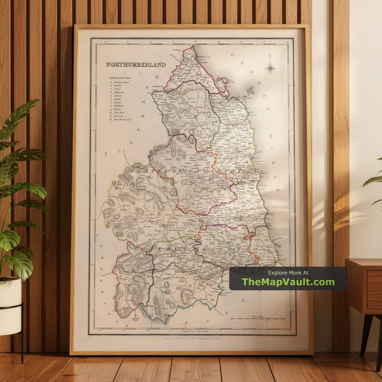 Old Map of Northumberland in 1844 by Samuel Lewis - Newcastle upon Tyne, Blyth, Cramlington, Bedlington - unframed print in a room setting, view 1
