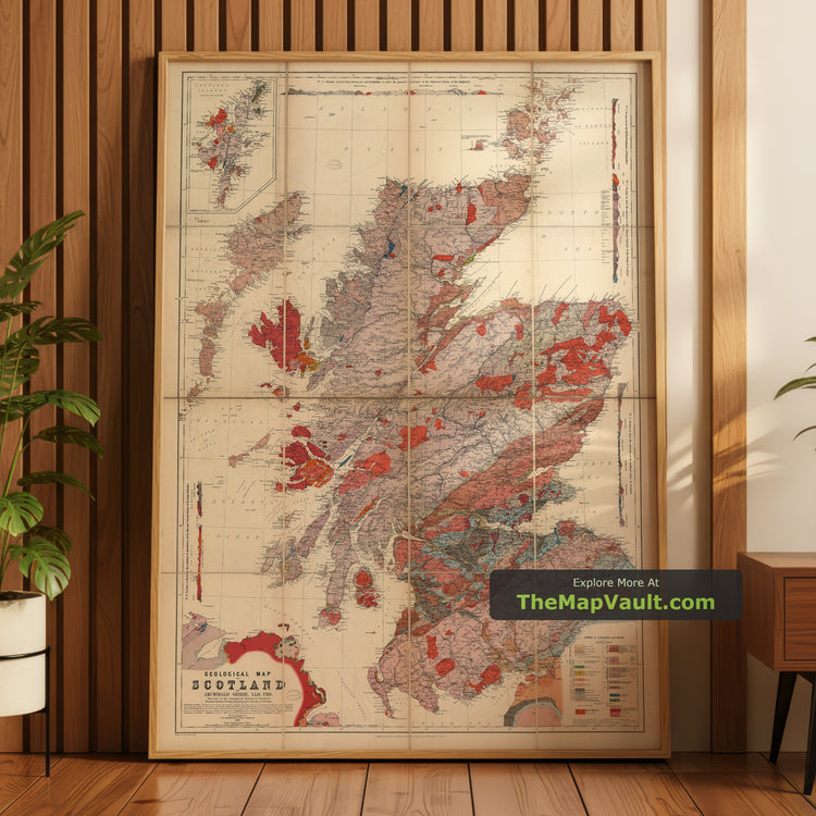 Old Geology Map of Scotland in 1876 by A. Geikie - Highlands, Lowlands, Granite, Basalt Formations - unframed print in a room setting, view 1