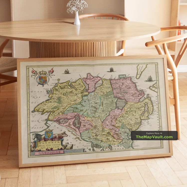 Old Map of Ulster in 1665 by Joan Blaeu - Belfast, Derry, Armagh - unframed print in a room setting, view 1