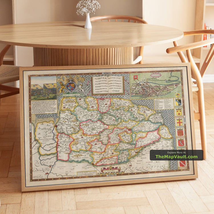 Old Map of Norfolk in 1611 by John Speed - Norwich, Great Yarmouth, King's Lynn - unframed print in a room setting, view 1