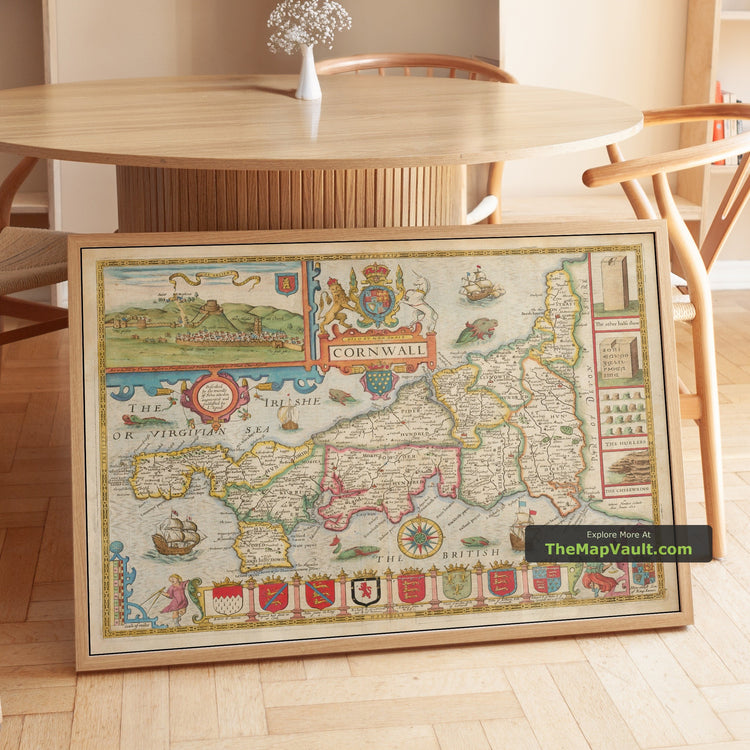 Old Map of Cornwall in 1611 by John Speed - Penzance, St Ives, Padstow - unframed print in a room setting, view 1