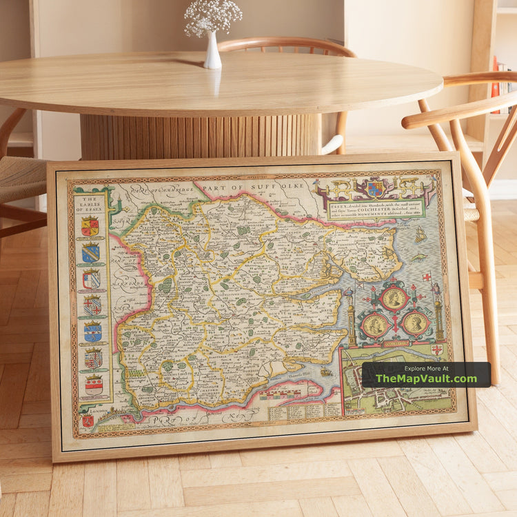 Old Map of Essex in 1611 by John Speed - Colchester, Chelmsford, Braintree - unframed print in a room setting, view 1