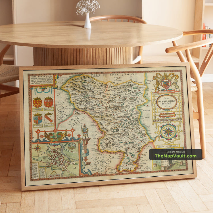 Old Map of Derbyshire in 1611 by John Speed - Derby, Chesterfield, Buxton - unframed print in a room setting, view 1