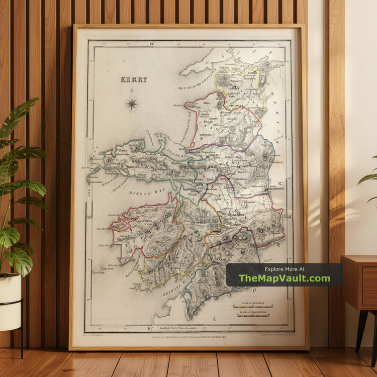 Old Map of County Kerry in 1844 by Samuel Lewis - Tralee, Killarney, Dingle - unframed print in a room setting, view 1