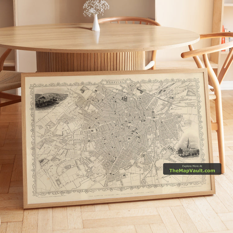 Old Map of Sheffield in 1851 by Tallis & Rapkin - Attercliffe, Ecclesall, Heeley - unframed print in a room setting, view 1