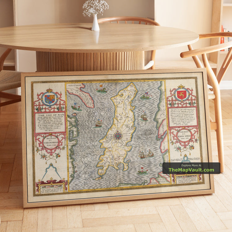 Old Map of Isle of Man in 1611 by John Speed - Douglas, Castletown, Peel - unframed print in a room setting, view 1