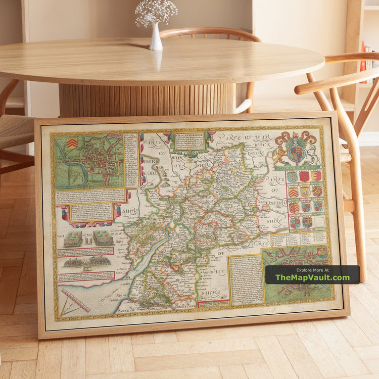 Old Map of Gloucestershire in 1611 by John Speed - Gloucester, Cheltenham, Stroud - unframed print in a room setting, view 1