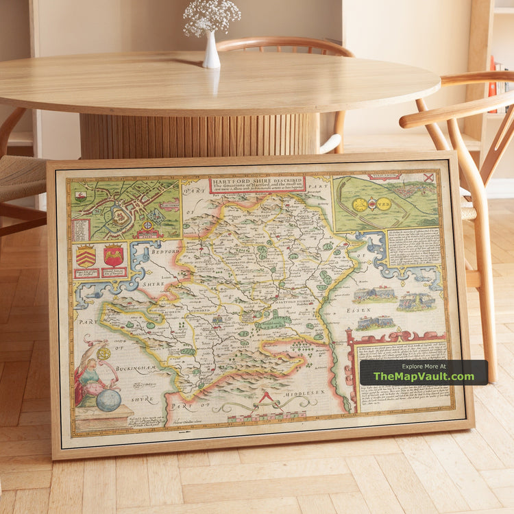 Old Map of Hertfordshire in 1611 by John Speed - Hertford, St Albans, Watford - unframed print in a room setting, view 1