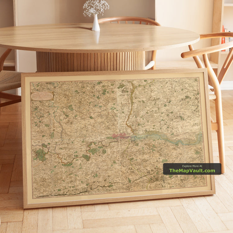 Old Map of London & Environs in 1790 by W. Faden - Kent, Surrey, Middlesex - unframed print in a room setting, view 1