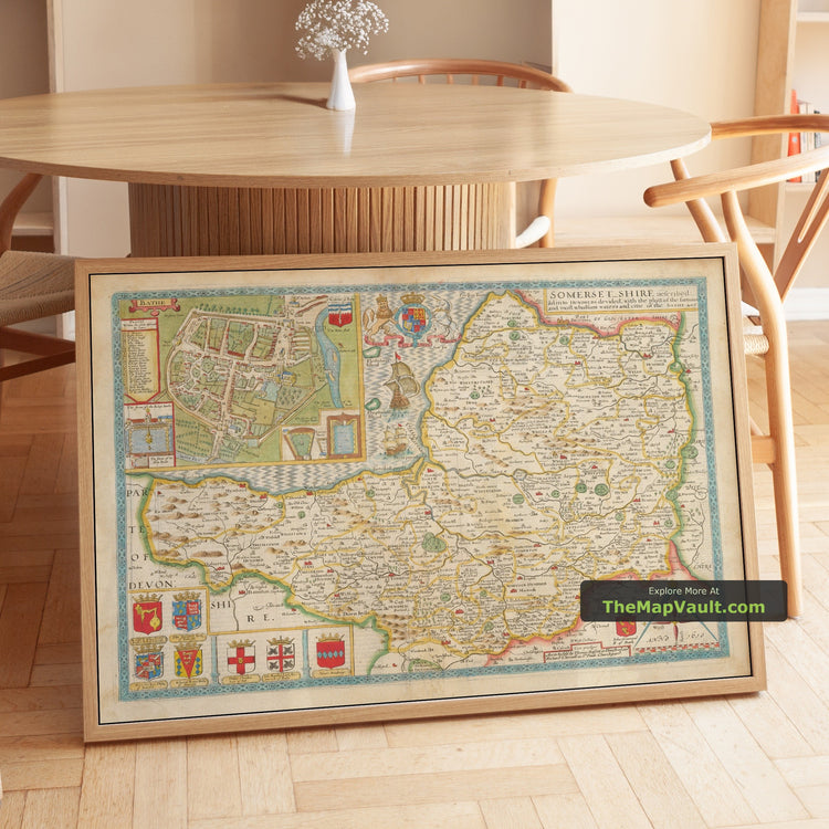 Old Map of Somerset in 1611 by John Speed - Bath, Taunton, Wells - unframed print in a room setting, view 1