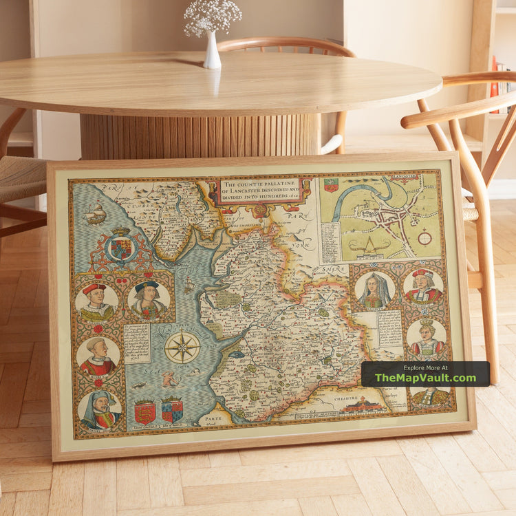 Old Map of Lancashire in 1611 by John Speed - Lancaster, Preston, Blackburn - unframed print in a room setting, view 1