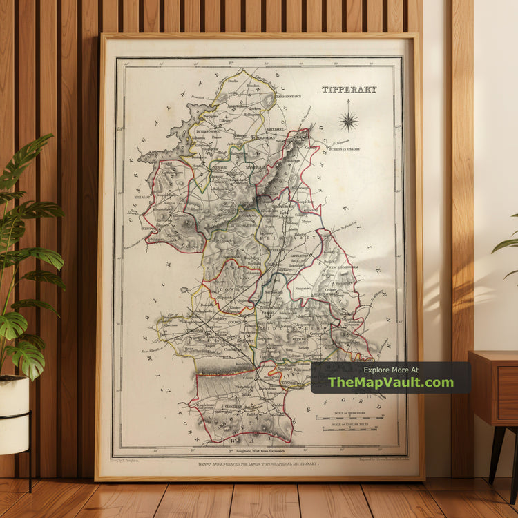 Old Map of County Tipperary in 1844 by Samuel Lewis - Clonmel, Nenagh, Cashel - unframed print in a room setting, view 1