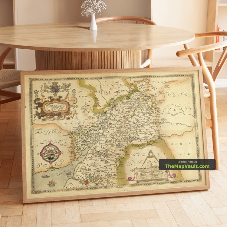 Old Map of Gloucestershire in 1575 by Christopher Saxton - Tewkesbury, Cirencester, Berkeley - unframed print in a room setting, view 1