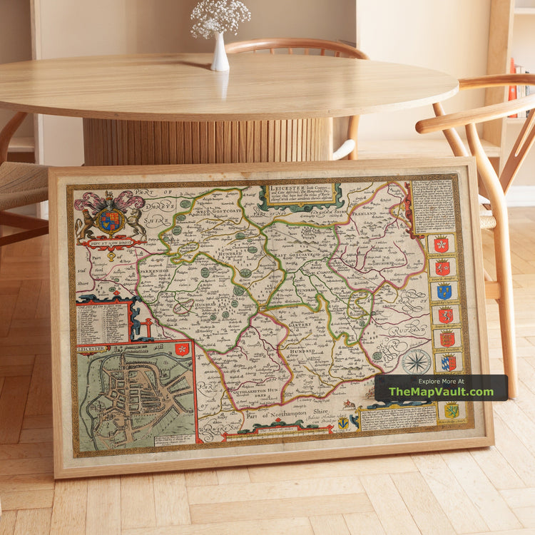 Old Map of Leicestershire in 1611 by John Speed - Leicester, Loughborough, Hinckley - unframed print in a room setting, view 1