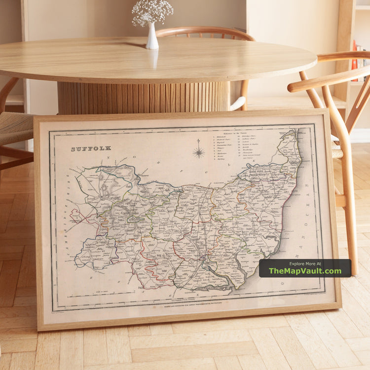 Old Map of Suffolk in 1844 by Samuel Lewis - Ipswich, Woodbridge, Bury St Edmunds - unframed print in a room setting, view 1