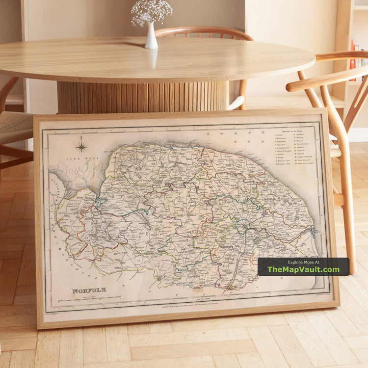 Old Map of Norfolk in 1844 by Samuel Lewis - Norwich, King's Lynn, Great Yarmouth - unframed print in a room setting, view 1