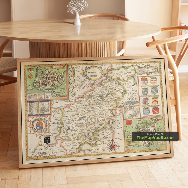 Old Map of Northamptonshire in 1611 by John Speed - Northampton, Kettering, Peterborough - unframed print in a room setting, view 1