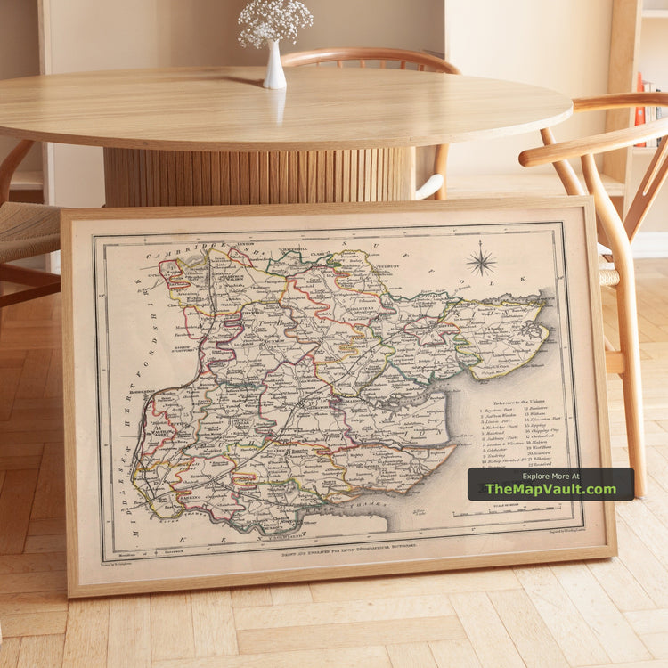 Old Map of Essex in 1844 by Samuel Lewis - Chelmsford, Colchester, Maldon - unframed print in a room setting, view 1