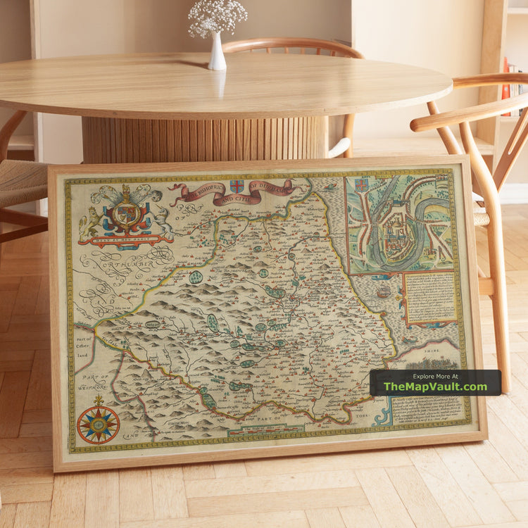Old Map of County Durham in 1611 by John Speed - Darlington, Stockton-on-Tees, Sunderland - unframed print in a room setting, view 1
