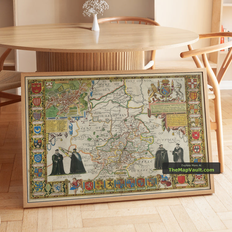 Old Map of Cambridgeshire in 1611 by John Speed - Cambridge, Peterborough, Ely - unframed print in a room setting, view 1