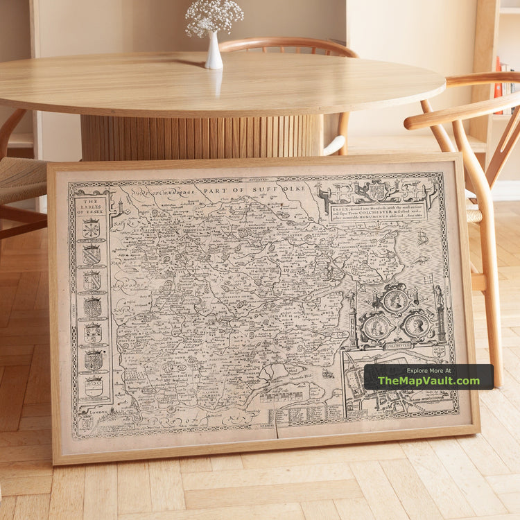 Old Map of Essex in 1611 by John Speed - Colchester, Braintree, Wivenhoe - unframed print in a room setting, view 1