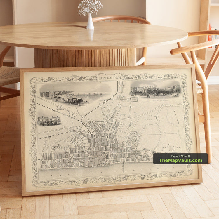 Old Map of Brighton in 1851 by J. Tallis - Old Steine, Kemptown, Hove - unframed print in a room setting, view 1