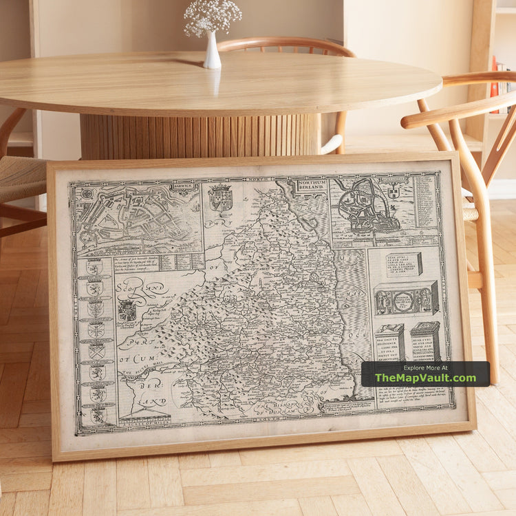 Old Map of Northumberland in 1611 by John Speed - Newcastle, Alnwick, Berwick-upon-Tweed - unframed print in a room setting, view 1