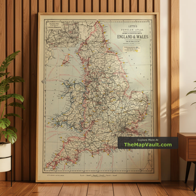 Old Map of England & Wales in 1884 by Letts - London, Birmingham, Manchester - unframed print in a room setting, view 1