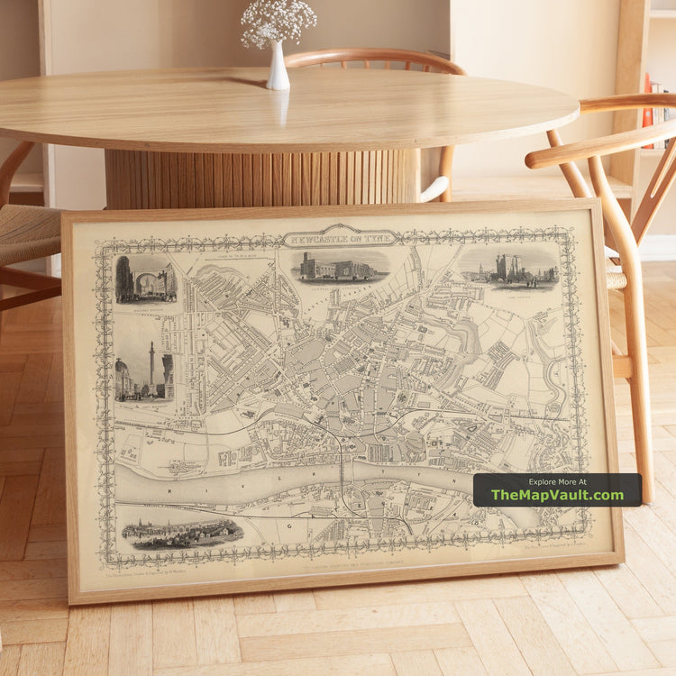 Old Map of Newcastle & Gateshead in 1851 by Tallis & Rapkin - Jesmond, Byker, Elswick - unframed print in a room setting, view 1