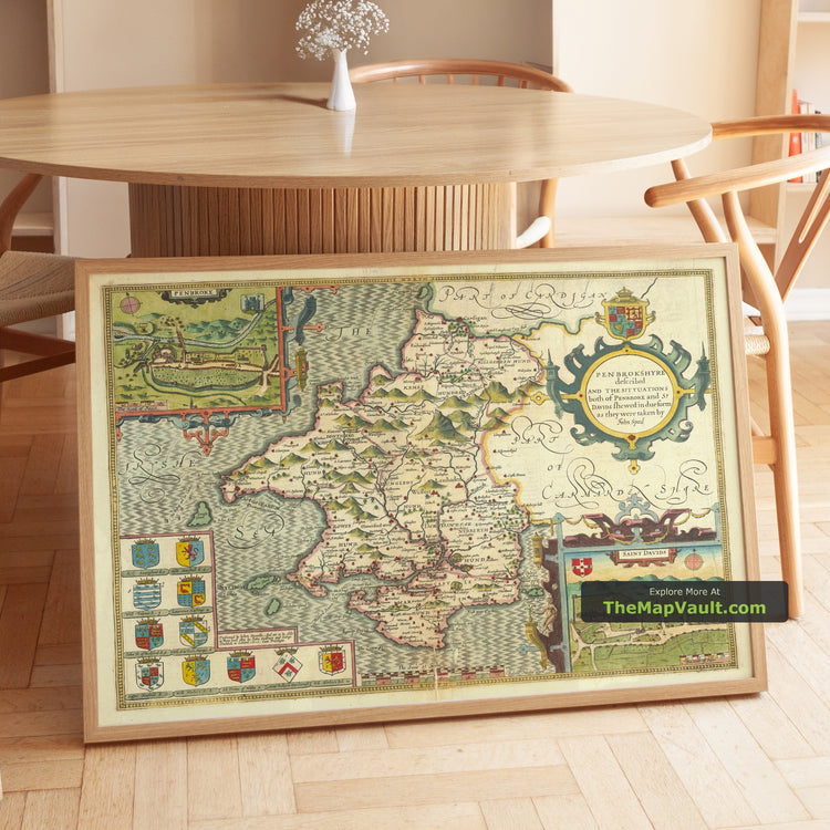 Old Map of Pembrokeshire in 1611 by John Speed - Haverfordwest, St Davids, Tenby - unframed print in a room setting, view 1