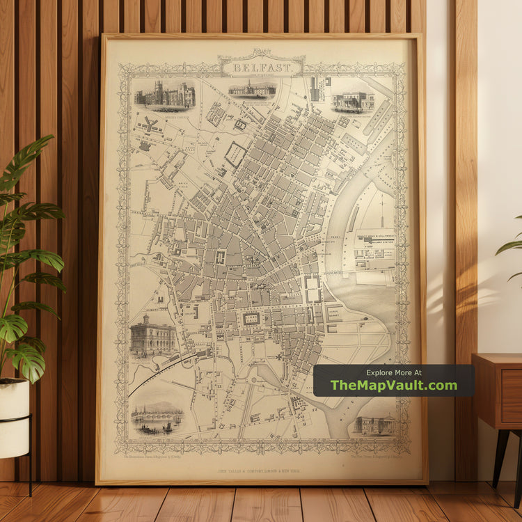Old Map of Belfast in 1851 by Tallis & Rapkin - Donegall Square, Shankill, Ballymacarrett - unframed print in a room setting, view 1
