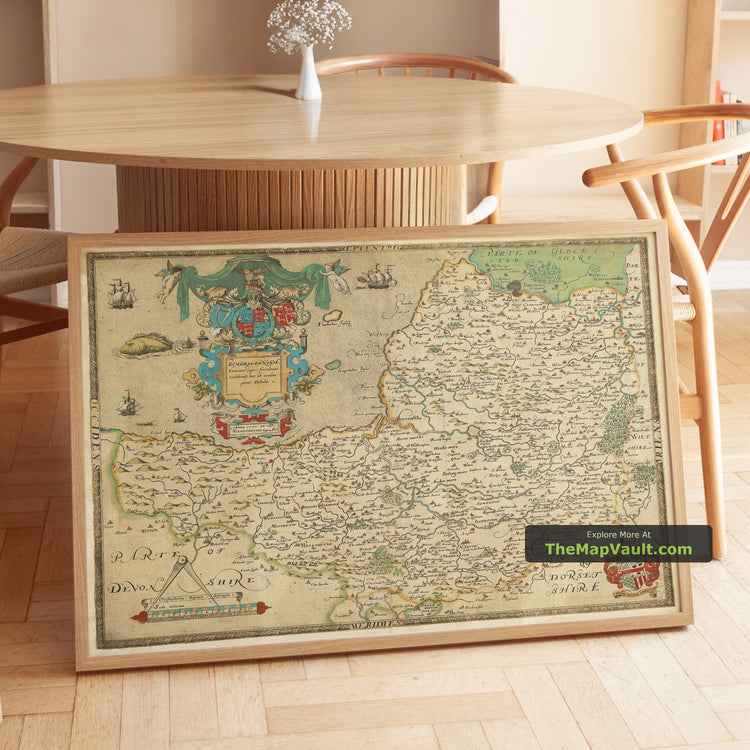 Old Map of Somerset in 1575 by Christopher Saxton - Bath, Bristol, Wells - unframed print in a room setting, view 1